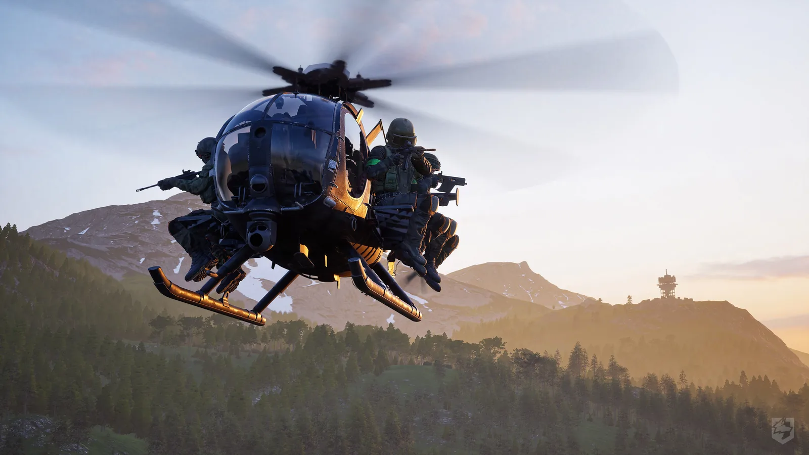 A WARDOGS squad riding on a Littlebird helicopter